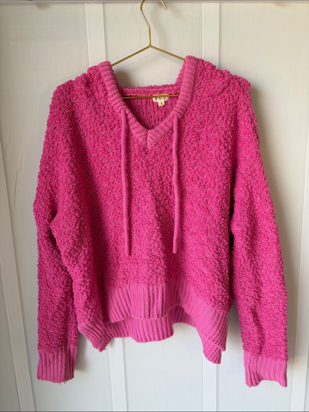 POL Pink Plush V‑Neck Hoodie Sweater